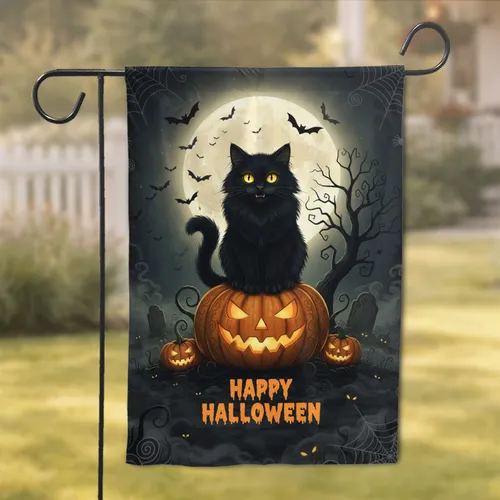 Black Cat Happy Halloween Orange Pumpkin Gnarled Tree - Spooky Night Home Decor Gift Garden Flag