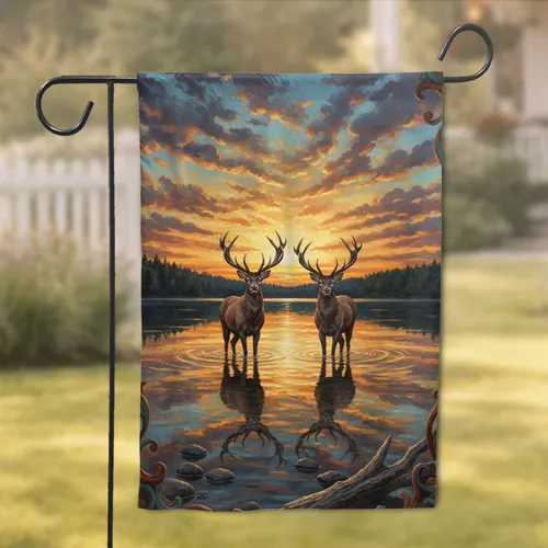 Regal Stags Lake Reflection Driftwood Sunset View - Wildlife Lover Home Decor Gift Garden Flag
