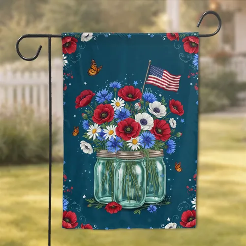 American Flag Floral Bouquet Mason Jar - Independence Day Home Decor Gift Garden Flag