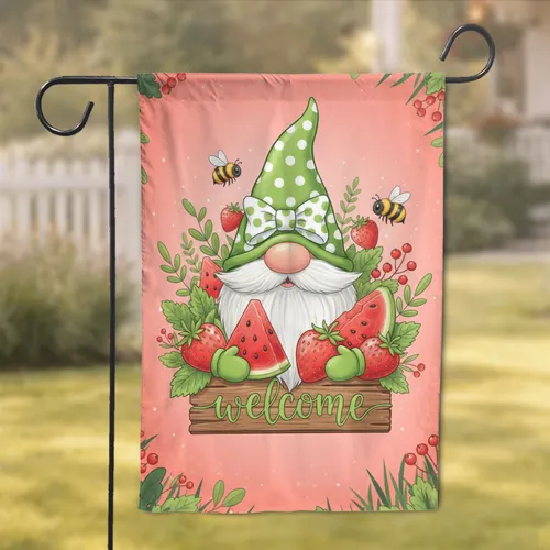 Garden Gnome Watermelon Strawberries Welcome - Summer Decor Gift for Gnome Lover Garden Flag