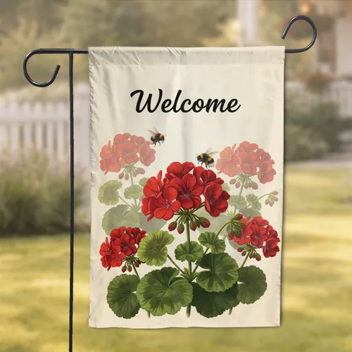Botanical Red Geranium Flowers Bumblebees Welcome - Garden Lover Gift Garden Flag