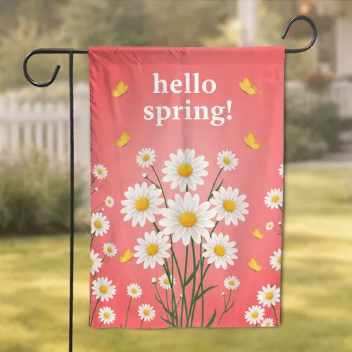 Vibrant Coral Pink Daisies Butterflies 'hello spring!' - Spring Home Decor Garden Flag