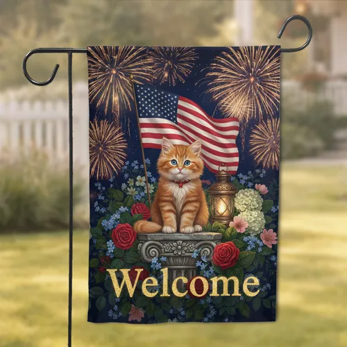 Ginger Tabby Kitten American Flag Fireworks Welcome - Patriotic Home Decor Gift Garden Flag