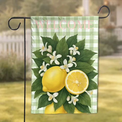 Welcome Ripe Lemon Blossoms Green Gingham - Housewarming Decor Gift Garden Flag