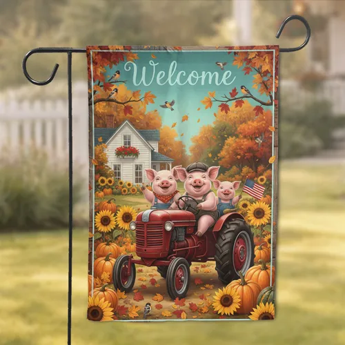 Welcome Pink Pigs Tractor Farmhouse - Autumn Harvest Home Decor Gift Garden Flag