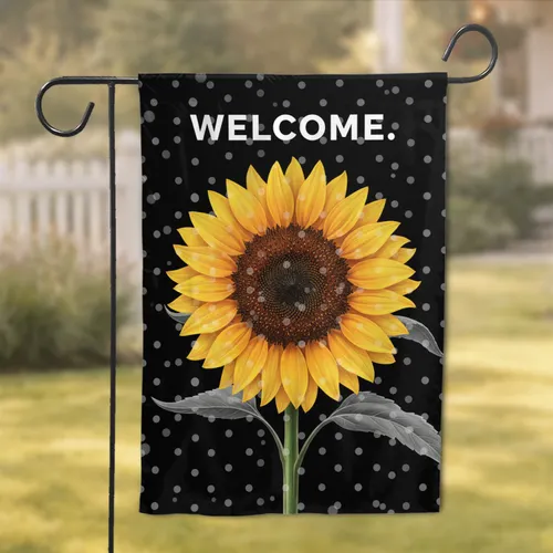 Realistic Vibrant Yellow Sunflower Crisp White Welcome Black Polka Dot Home Decor Gift Garden Flag