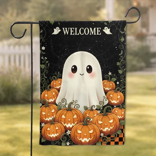 Friendly Ghost Welcome Pumpkins - Halloween Home Decor Gift Garden Flag
