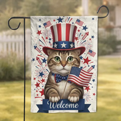 Patriotic Uncle Sam Tabby Cat American Flag Welcome - Independence Day Home Decor Garden Flag