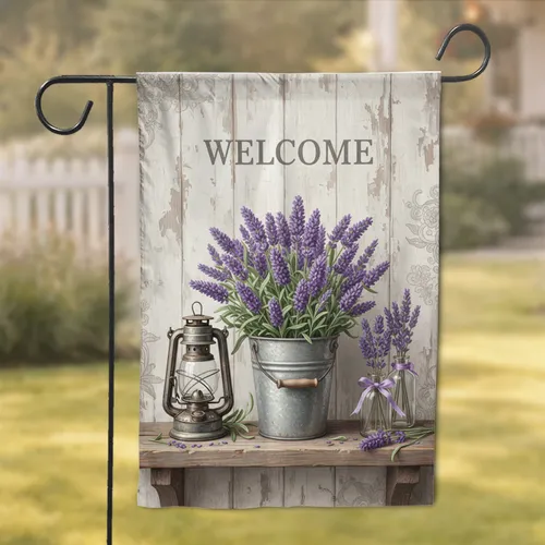 Lavender Bucket Welcome Sign Lantern - Farmhouse Decor Gift Garden Flag