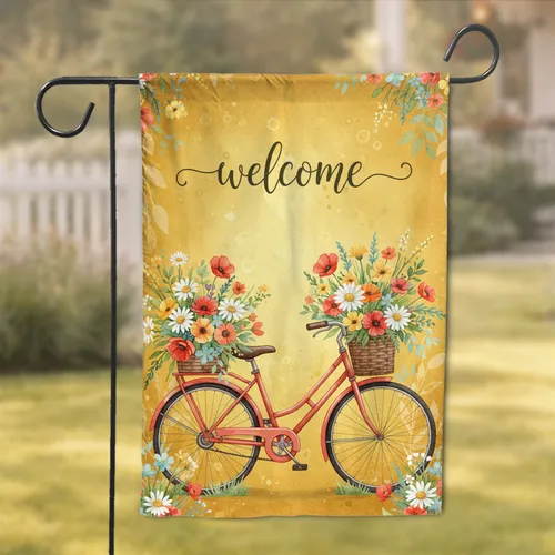Vintage Bicycle Welcome Abundant Flowers - Garden Home Decor Gift Garden Flag