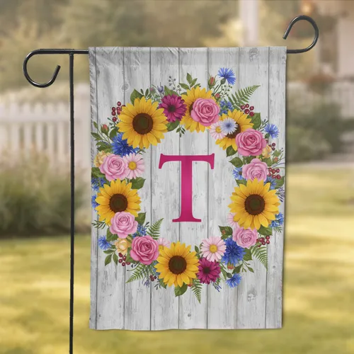 Fuchsia Custom Letter Full Bloom Floral Wreath Sunflower Rose Thistle Rustic Wood - Home Decor Gift Garden Flag