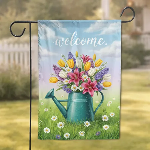 Welcome Teal Watering Can Tulip Daisy Aster Lily Hyacinth Field Sky - Home Decor Gift Garden Flag