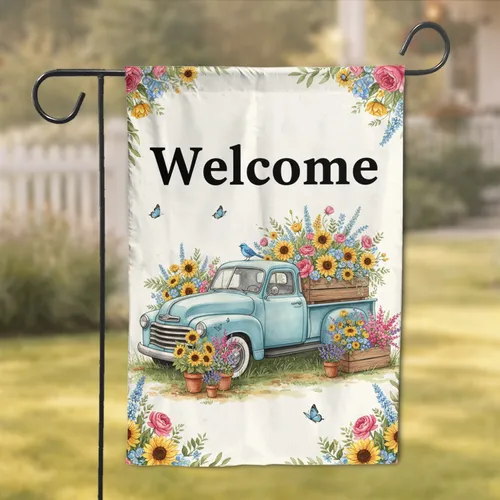 Vintage Blue Truck Wildflowers Welcome - Farmhouse Home Decor Gift Garden Flag
