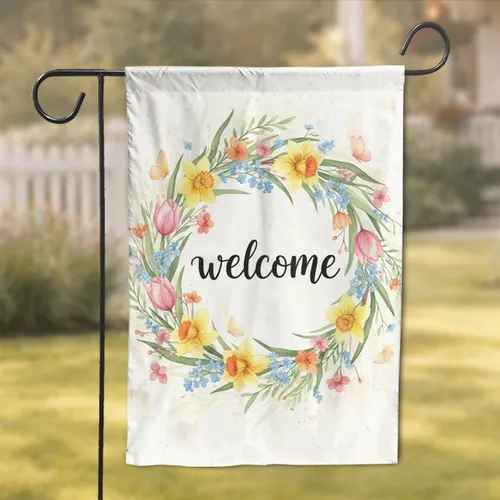 Welcome Script Floral Wreath Daffodil Tulip Butterfly - Home Decor Gift Garden Flag