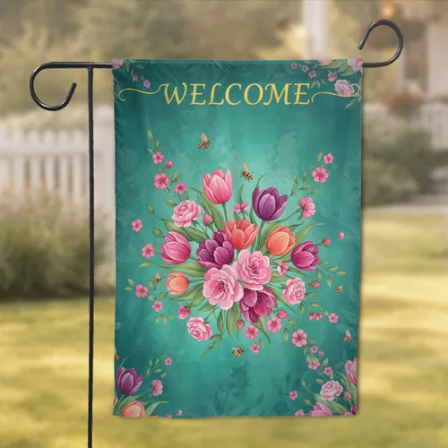 Lush Tulips Roses Honeybees Butterflies Welcome Script Botanical - Home Garden Decor Garden Flag