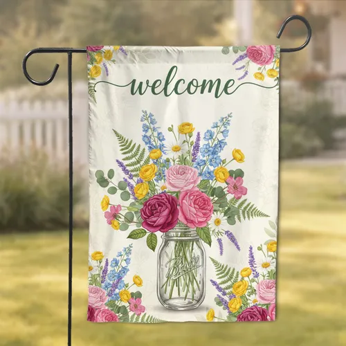 Welcome Mason Jar Wildflower Green Foliage Bouquet - Housewarming Home Decor Gift Garden Flag