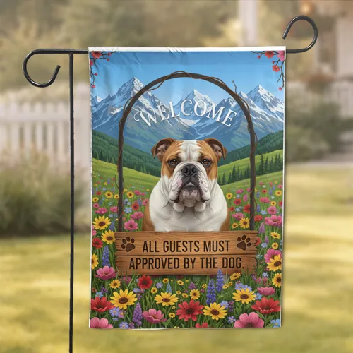 English Bulldog Welcome Arch Wildflower Meadow - Dog Lover Home Decor Gift Garden Flag