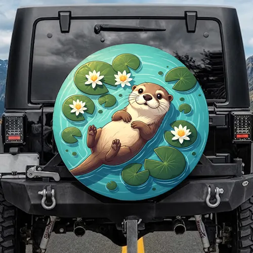 Smiling Otter Floating Lily Pads Turquoise Pond Water - Wildlife Lover Gift for Otter Lover Spare Tire Cover