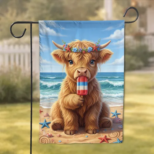 Baby Highland Cow Popsicle Beach Scene - Coastal Home Decor Gift for Cow Lover Garden Flag