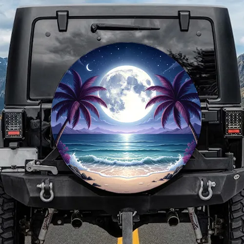 Glowing Full Moon Tropical Beach Palm Trees - Travel Essentials Gift Spare Tire Cover