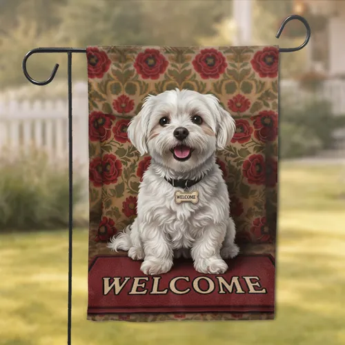 Fluffy Maltese Dog Welcome Mat Floral Tapestry - Home Decor Gift for Dog Lovers Garden Flag