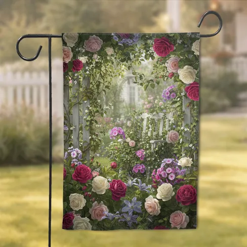 Fuchsia Pink White Climbing Roses Cottage Garden - Home Decor Gift for Garden Lover Garden Flag