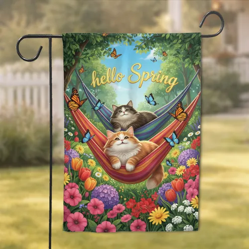 Hello Spring Cats Hammocks Butterflies Blooming Flowers - Spring Season Home Decor Gift for Cat Lover Garden Flag