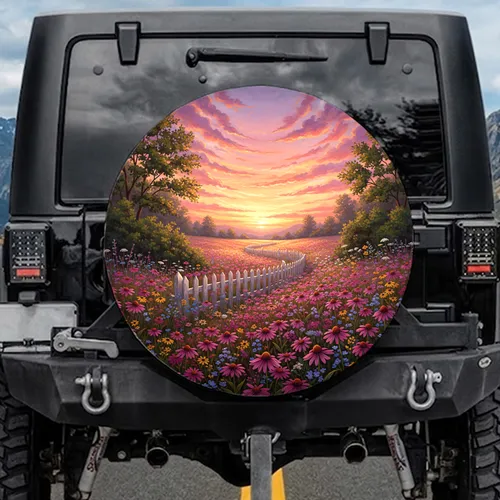 Weathered Picket Fence Wildflower Sunset Sky Landscape - Nature Lover Gift Spare Tire Cover