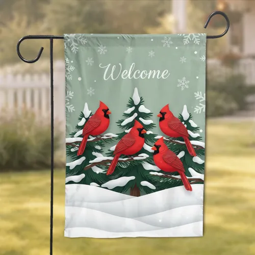 Northern Cardinals Welcome Snowflakes Evergreen Trees - Winter Wildlife Home Decor Gift Garden Flag