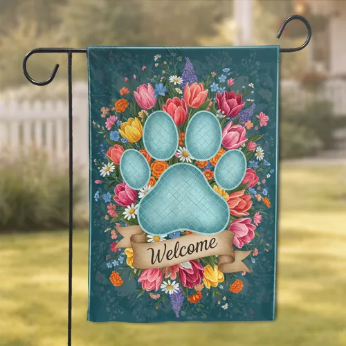 Paw Print Welcome Banner Tulips Wildflowers - Home Decor Pet Lover Gift Garden Flag