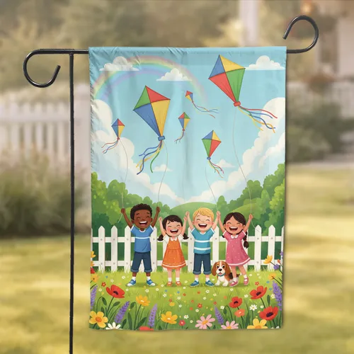 Children Flying Kites Dog Picket Fence Rainbow Field - Home Decor Gift Garden Flag
