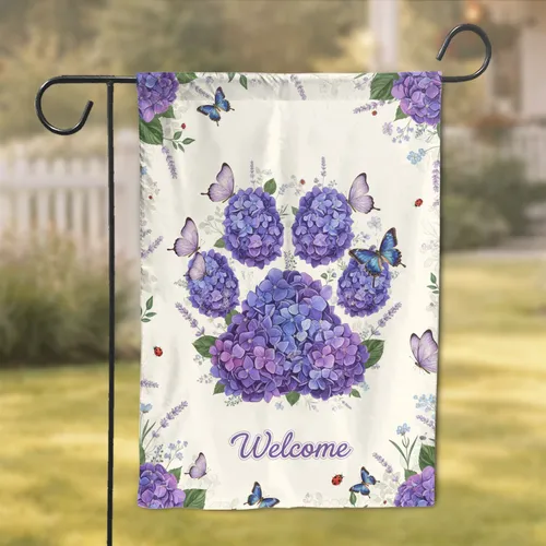 Welcome Paw Print Hydrangea Butterflies - Home Decor Gift for Pet Lover Garden Flag