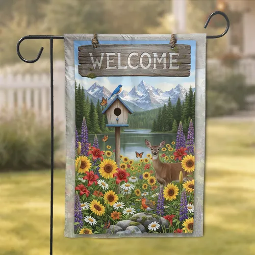 Welcome Sign Wildflower Garden Deer Birdhouse Mountain Lake Landscape - Home Decor Gift Garden Flag