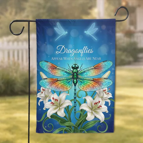 Iridescent Dragonflies Easter Lilies Angels Near - Home Decor Inspirational Gift Garden Flag
