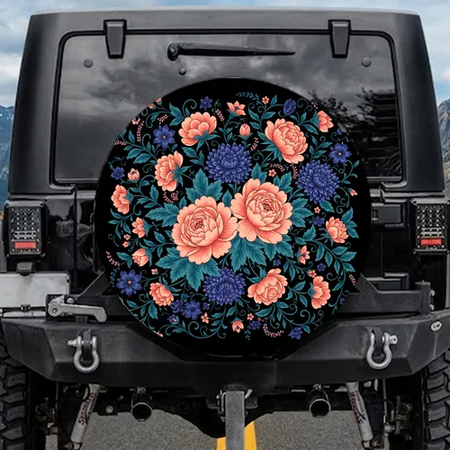 Lush Coral Peach Purplish Blue Chrysanthemum Floral Arrangement - Classic Elegance Gift Spare Tire Cover