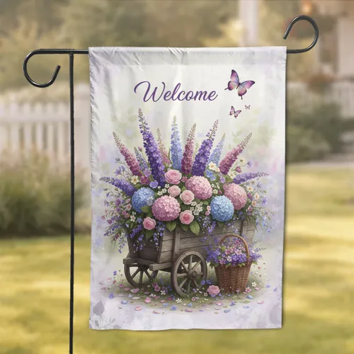 Welcome Garden Cart Lavender Hydrangea Butterfly - Home Decor Gift Garden Flag