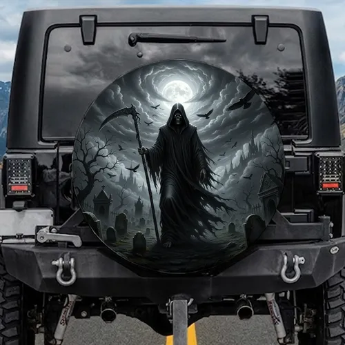 Grim Reaper Scythe Gothic Graveyard Full Moon - Dark Fantasy Horror Vehicle Decor Gift Spare Tire Cover