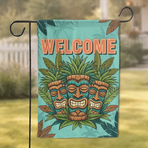 Welcome Tiki Totems Smiling Palm Frond Tropical - Home Decor Gift Garden Flag