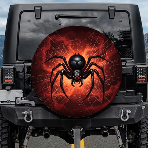 Black Spider Red Eyes Spider Web - Halloween Decor Gift for Spider Lover Spare Tire Cover