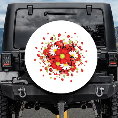 Ladybugs Red Flowers White Daisy Blossoms - Cheerful Outdoor Decor Gift Spare Tire Cover