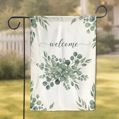 Lush Realistic Watercolor Eucalyptus Welcome Script Foliage - Home Decor Gift Garden Flag