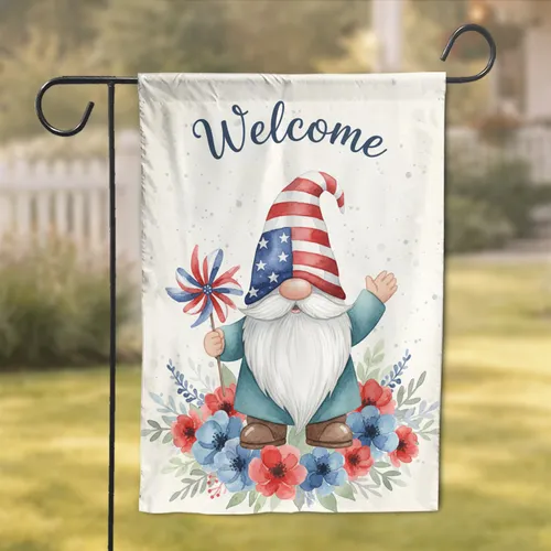 Patriotic Gnome Red White Blue Stripes Stars Welcome Home Decor Gift Garden Flag