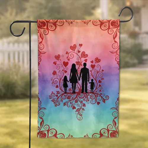 Family Of Four Silhouette Heart Leaves Vines - Everyday Home Decor Gift for Parents Garden Flag