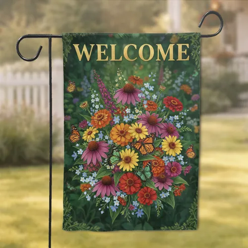 Welcome Garden Flowers Monarch Butterflies Green Butterfly - Bountiful Home Decor Gift Garden Flag