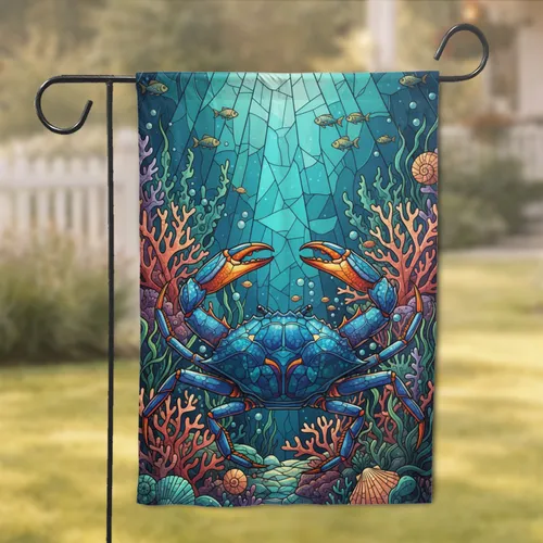 Stained Glass Blue Crab Coral Seashells Underwater Scene - Ocean Life Home Decor Gift Garden Flag