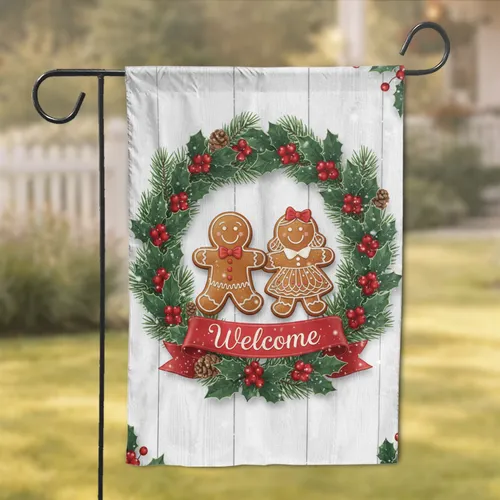 Cheery Gingerbread Welcome Banner - Christmas Holiday Home Decor Gift Garden Flag