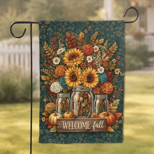 Welcome Fall Mason Jar Sunflowers Pumpkins - Autumn Home Decor Gift Garden Flag