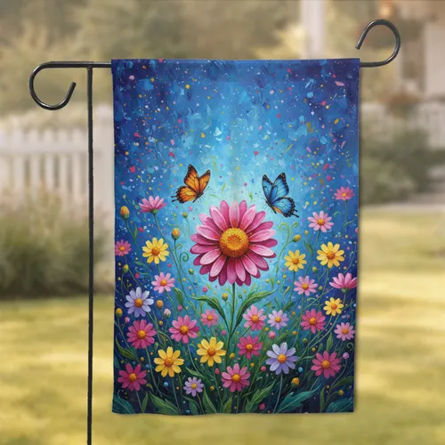 Fuchsia Pink Daisy Lavender Yellow Flowers Orange Blue Butterflies Meadow Decor Gift Garden Flag