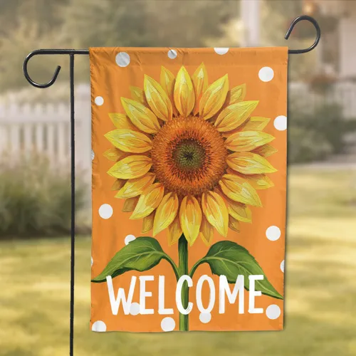 Yellow Sunflower Thick Petals 'WELCOME' Polka Dot Orange - Welcoming Home Decor Garden Flag
