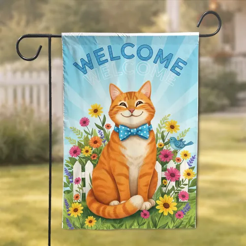 Orange Tabby Cat Wildflowers Welcome Sign Picket Fence - Home Decor Gift for Cat Lover Garden Flag
